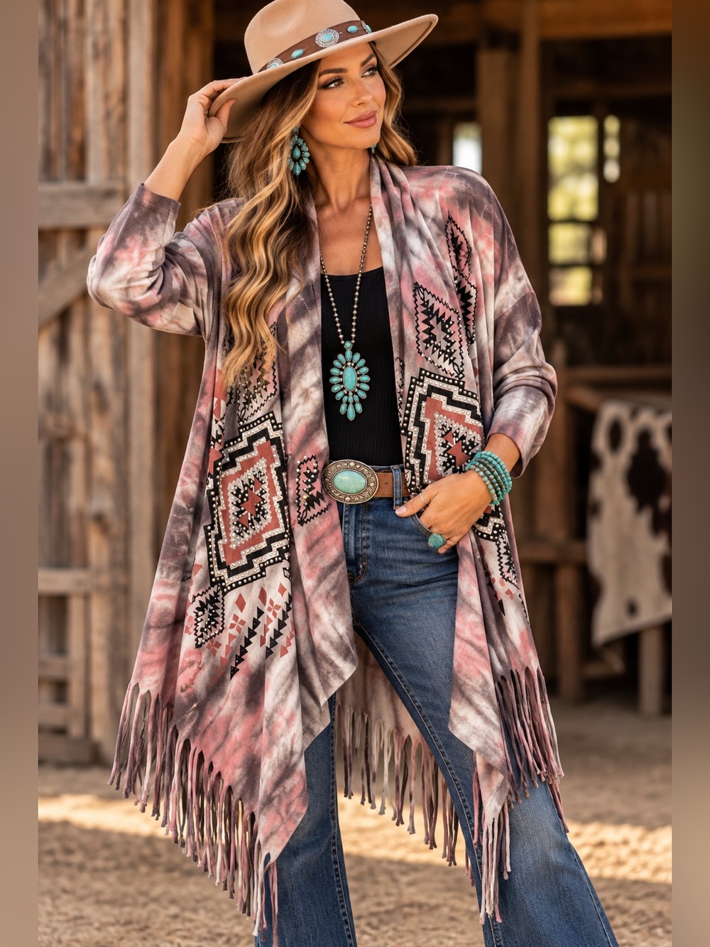 VOCAL Tie Dye Southwestern Rhinestone Fringe Open Cardigan Western Boho L - Picture 1 of 5